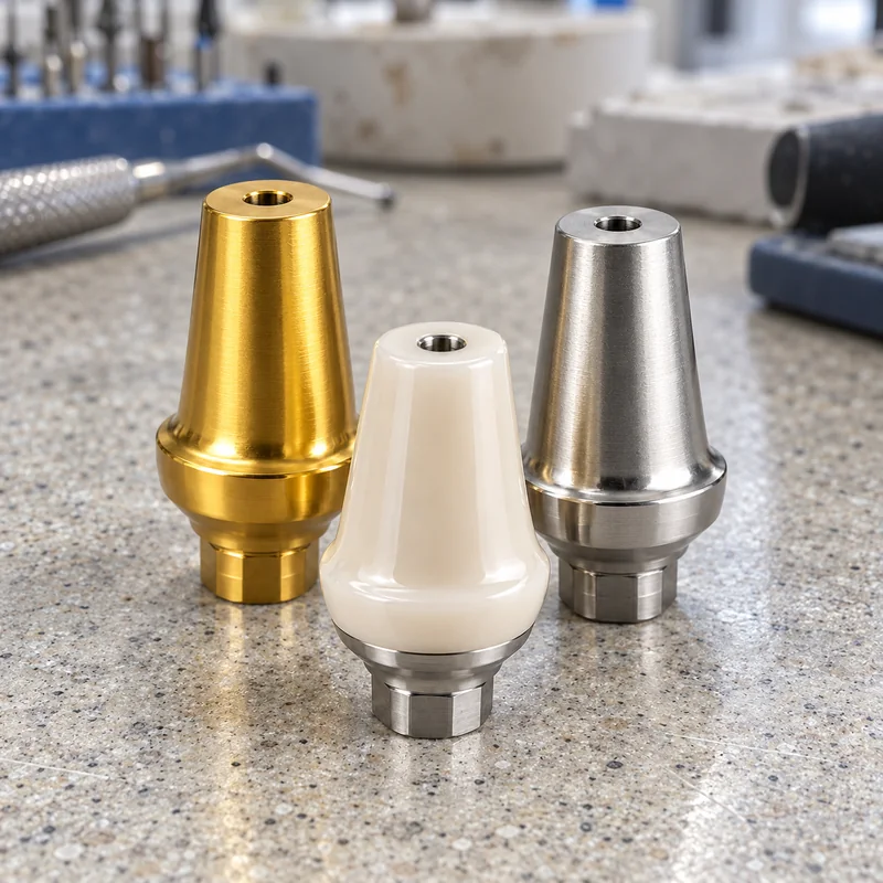 Gold-tone, zirconia and titanium abutments
