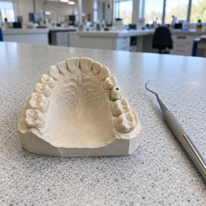 A zirconia abutment on an implant, between natural teeth