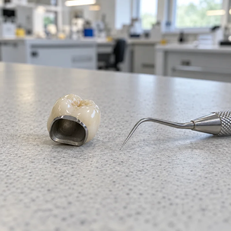 A PFM crown, cut to show its metal coping