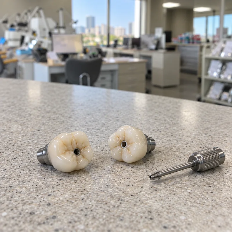 Screw-retained crowns on titanium bases, with the screw